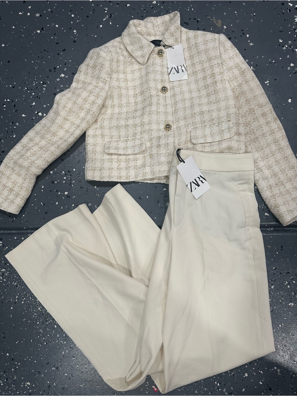 ZARA Cream Tweed Cropped Jacket with Cream Wide-Leg Pants